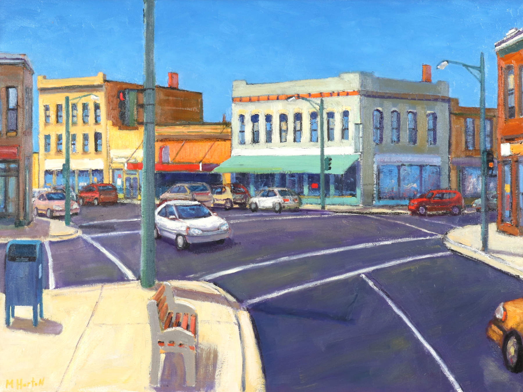 Mark Horton (b.1953) "Coffee House on Curved City Corner", 30" x 40"