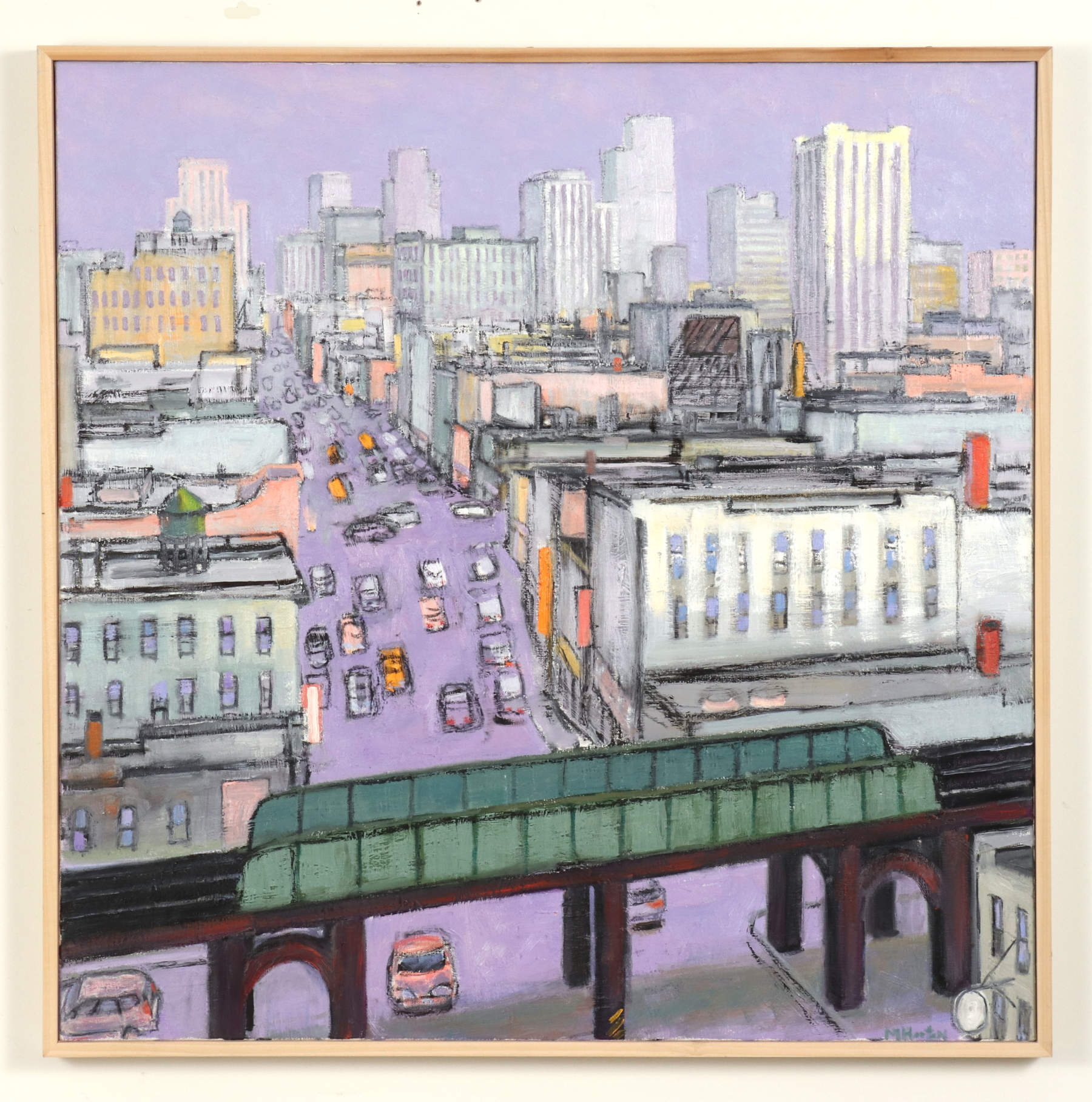 Mark Horton (b.1953) "Railroad Bridge in City", 36" x 36"