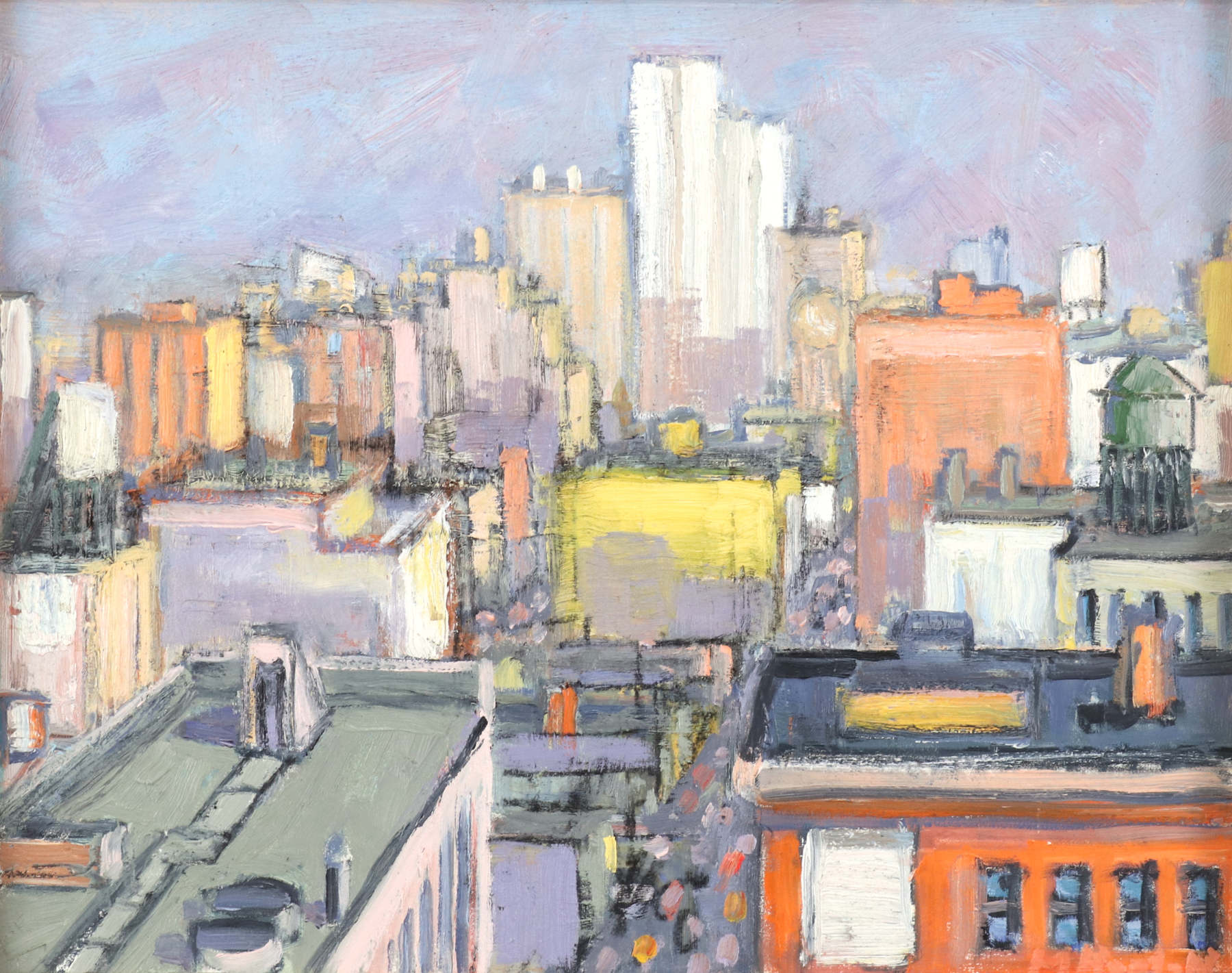 Mark Horton (b.1953) "Aerial View of City with Orange and White Buildings", 11" x 14"