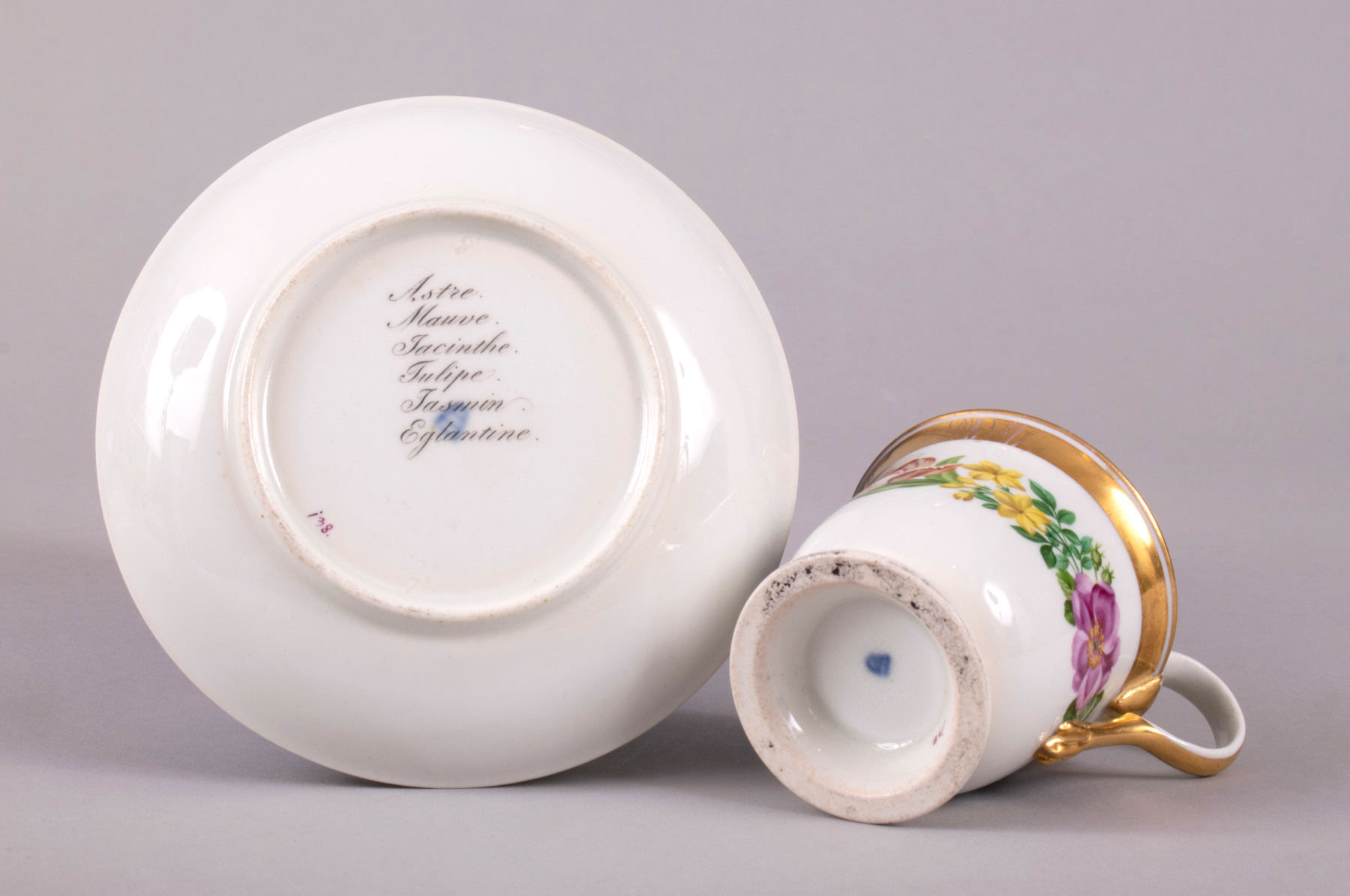 Biedermeier Vienna Botanical Cup and Saucer, c. 1823