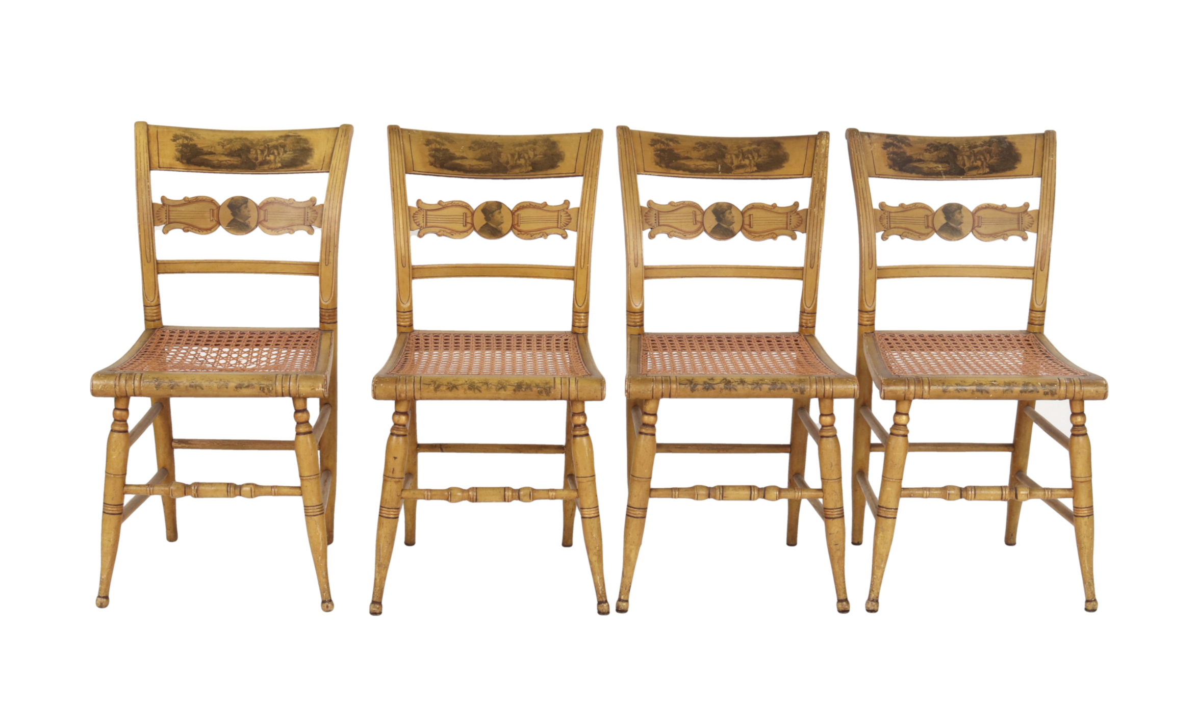 Set of Four New York Yellow Fancy Chairs with Benjamin Franklin, c. 1820