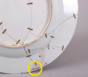 View 3: Chinese Export Pseudo Tobacco Leaf Charger with Staple Repairs, c. 1750