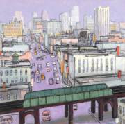 Mark Horton (b.1953) "Railroad Bridge in City", 36" x 36"